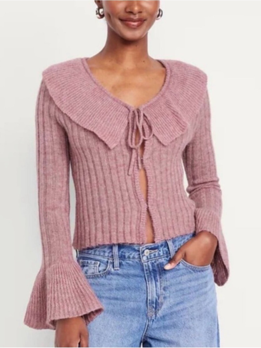 Old Navy Ribbed Tie-Front Cardigan Sweater in Dusty Rose